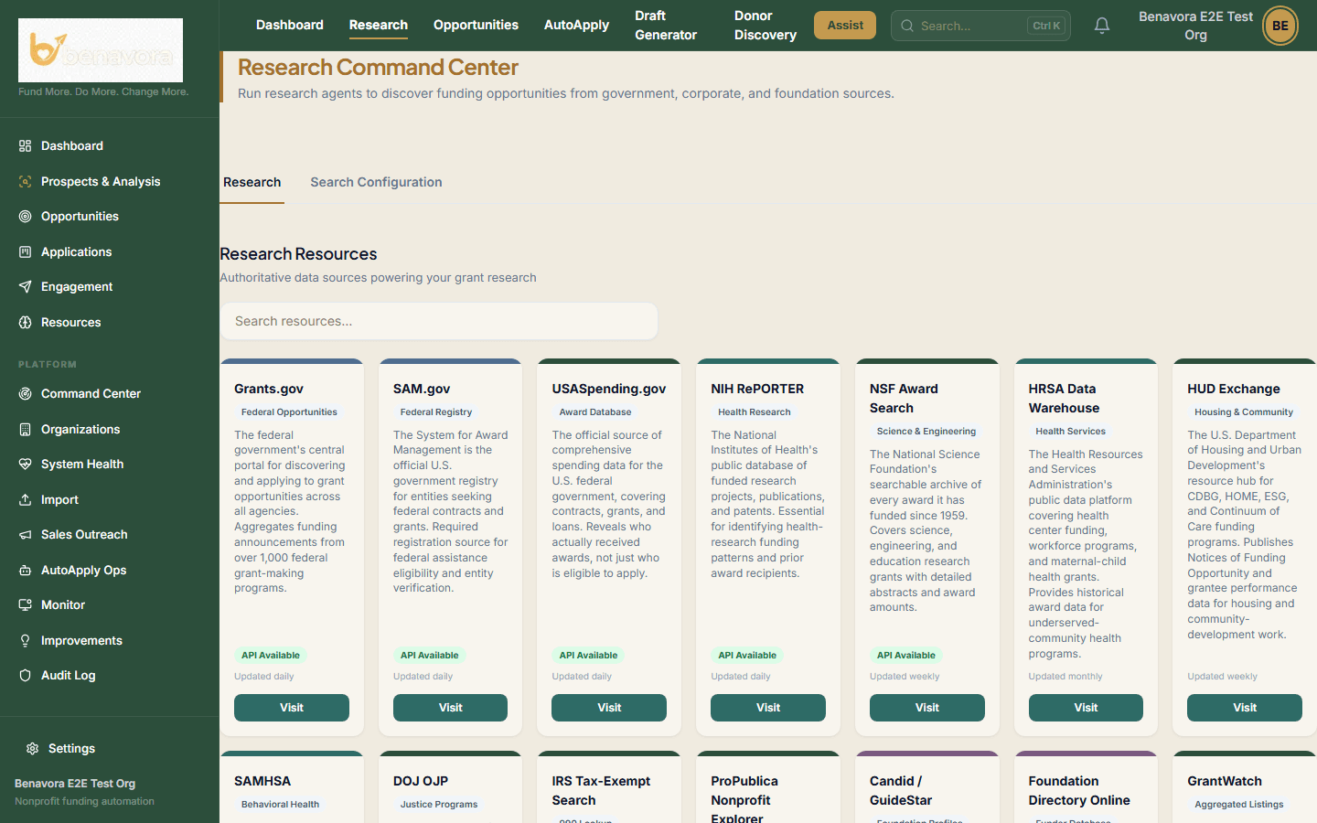 Benavora's Research Command Center listing authoritative federal and foundation funding data sources including Grants.gov, SAM.gov, and HUD Exchange